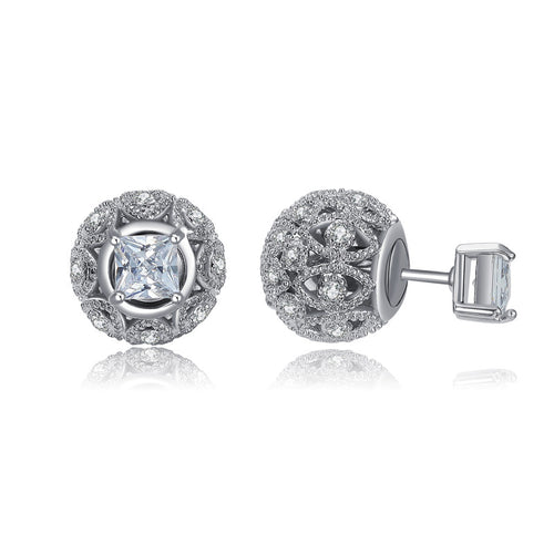 Double Sided Piercing Stud Earrings - Hollow Ball & Square CZ