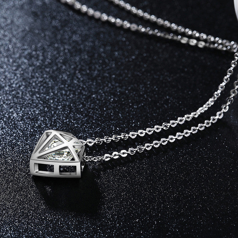 Hollow Round Cut Clear Zirconia Necklace - White Gold Color